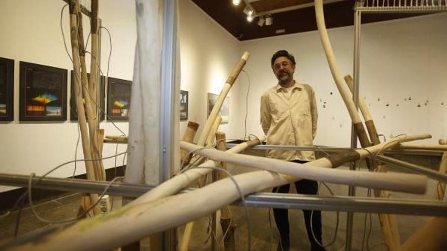 Enrique Radigales ante su instalación en la Lonja de Alicante, que habla del equilibrio entre lo biológico y lo artificial, realizada con restos de poda, calabazas y cables.