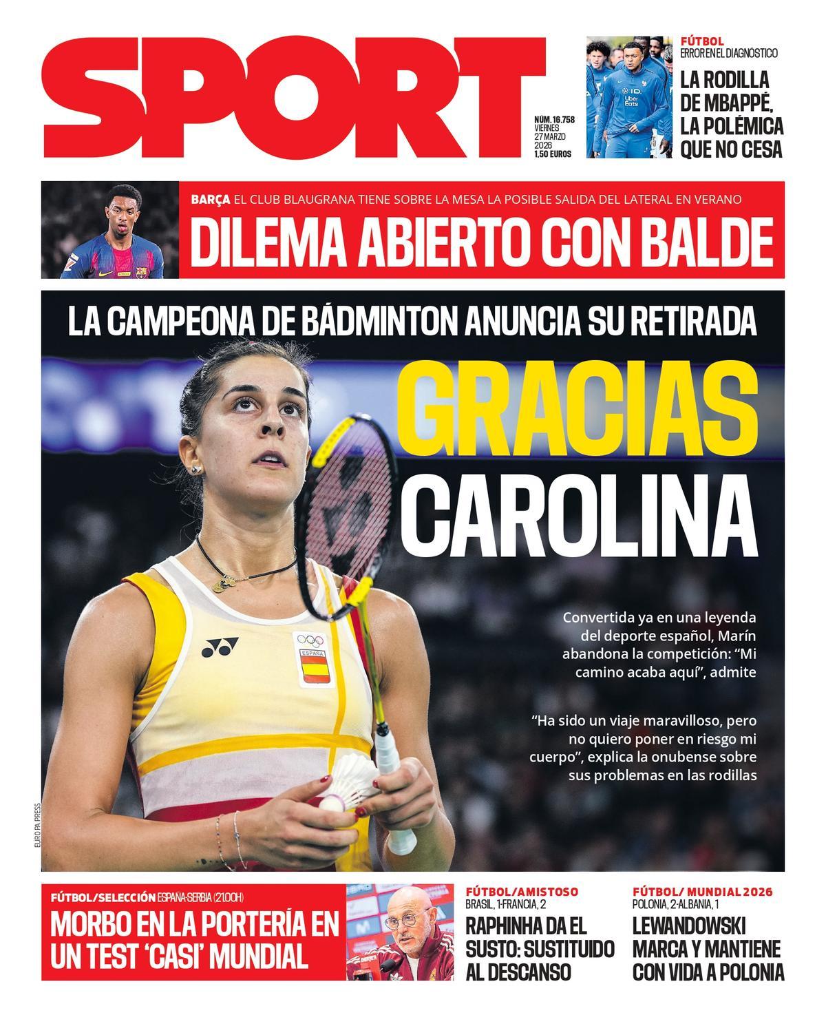 Esta es la portada de SPORT de hoy viernes, 27 de marzo de 2026