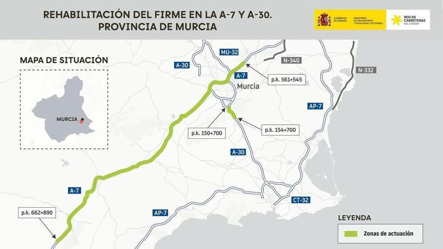Rehabilitarán el firme de 105 kilómetros de las autovías A-7 y A-30 en la Región de Murcia