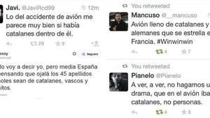 Algunos ejemplos de tuits catalanófobos tras la tragedia de Germanwings.