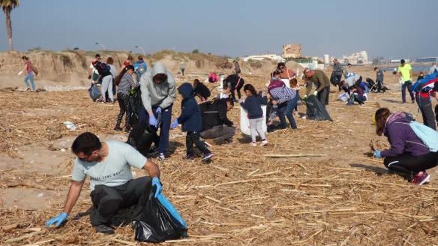 Decenas de personas recogen residuos depositados por Gloria en la playa de Daimús.