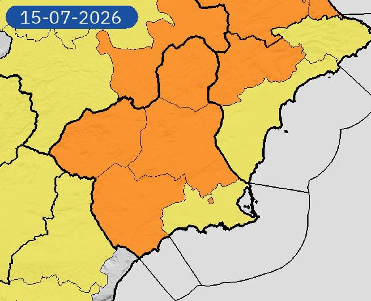 Estado de las alertas de la Aemet para el miércoles en la Región de Murcia.