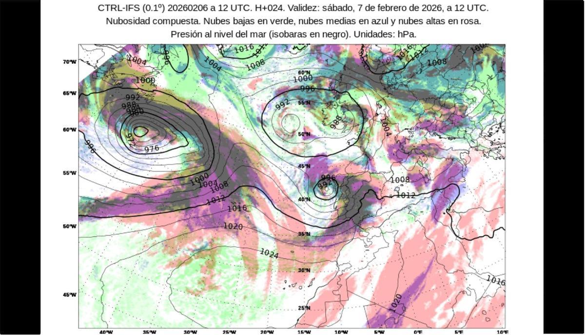 Mapa de la nubosidad esperada por la Aemet en España hoy sábado, 7 de febrero.