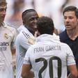 Real Madrid manager Xabi Alonso talks to his players during the Club World Cup group H soccer match between Real Madrid and Al Hilal in Miami Gardens, Fla., Wednesday, June 18, 2025. (AP Photo/Rebecca Blackwell)