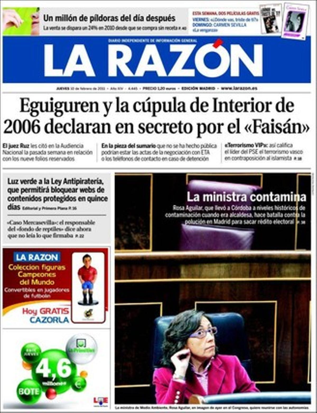 ’La Razón’ destaca a dins que el ’cas Faisán’ --la investigació d’una presumpta xivatada policial a la xarxa d’extorsió de l’impost revolucionari d’ETA-- fa trontollar el pacte antiterrorista, que Rubalcaba insinua que el PP tem el final d’ETA i que el pacte basc de PSE i PP saltarà pels aires si Batasuna/Sortu es presenta a les eleccions. També que Salgado aviva la guerra autonòmica i desvela que totes estan com Catalunya, i que l’economia submergida surt il·lesa de la inspecció d’Hisenda contra el frau fiscal.