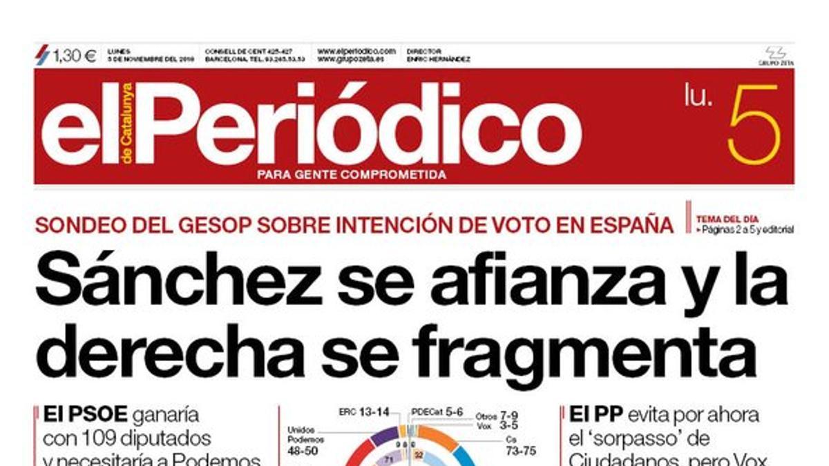 La portada de EL PERIÓDICO del 5 de noviembre del 2018