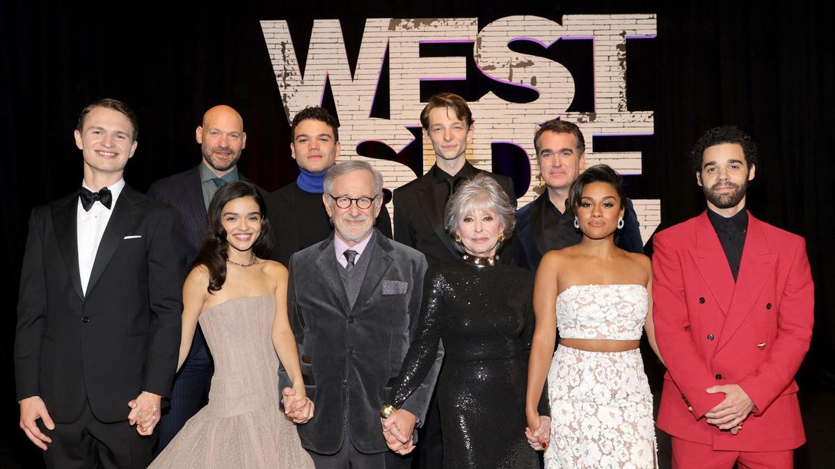 (FILES) In this file photo taken on November 29, (L-R) Ansel Elgort, Corey Stoll, Rachel Zegler, Josh Andres Rivera, Steven Spielberg, Mike Faist, Rita Moreno, Brian d'Arcy James, Ariana DeBose, and David Alvarez attend the New York premiere of West Side Story in New York City. (Photo by Jamie McCarthy / GETTY IMAGES NORTH AMERICA / AFP)