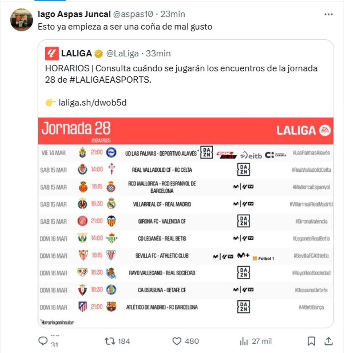 Protesta de Iago Aspas tras conocerse el horario del Valladolid - Celta