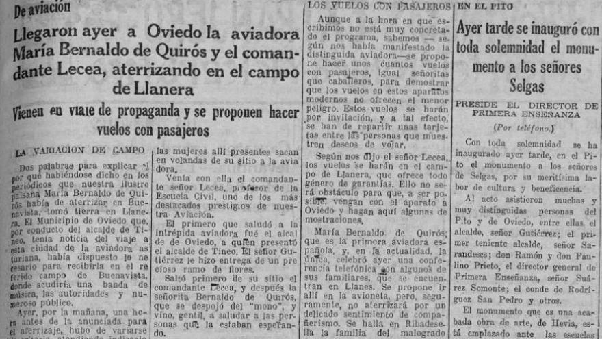 Página del diario Región del 22 de agosto de 1929 donde se recoge parte de la crónica sobre la aviadora.