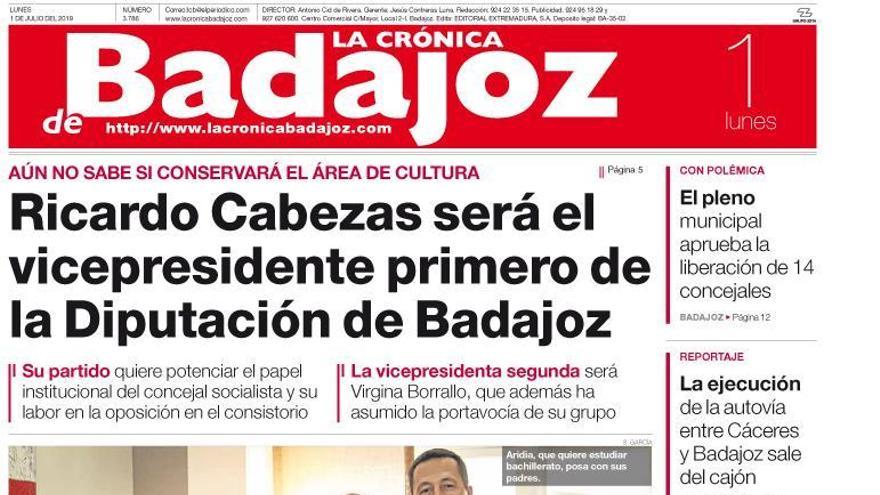 Esta es la portada de LA CRÓNICA DE BADAJOZ correspondiente al día 1 de julio del 2019