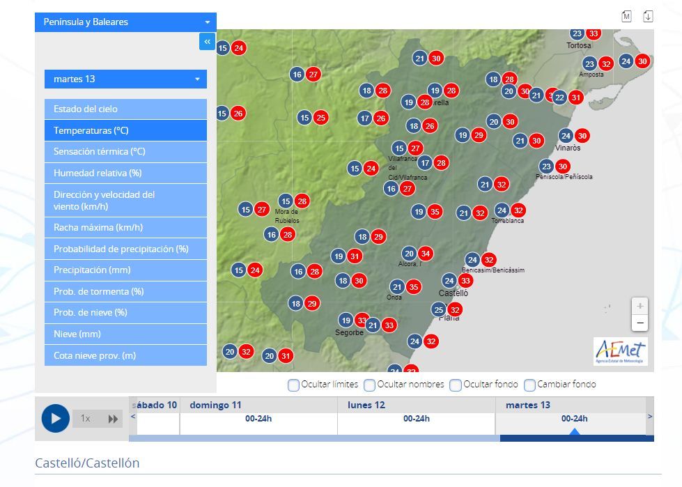 Previsión de Aemet para el martes en Castellón.