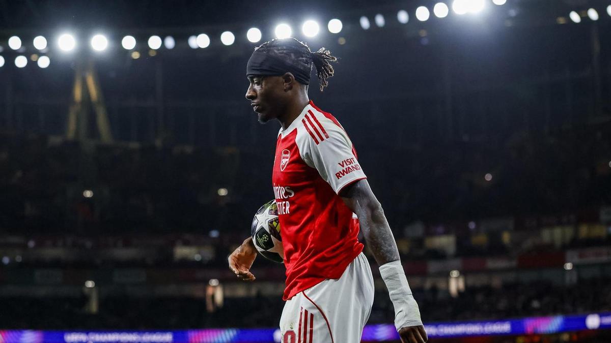 Noni Madueke, durante la vuelta de los cuartos de final de la Champions entre Arsenal y Sporting