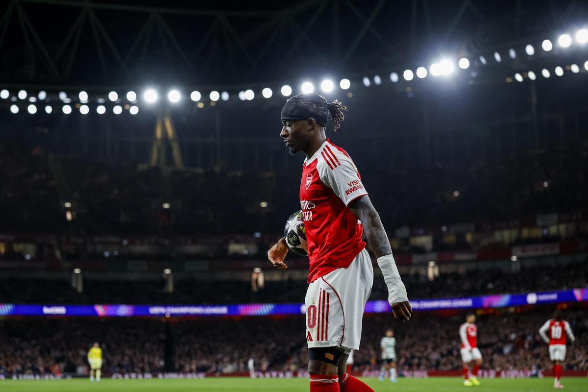 Noni Madueke, durante la vuelta de los cuartos de final de la Champions entre Arsenal y Sporting
