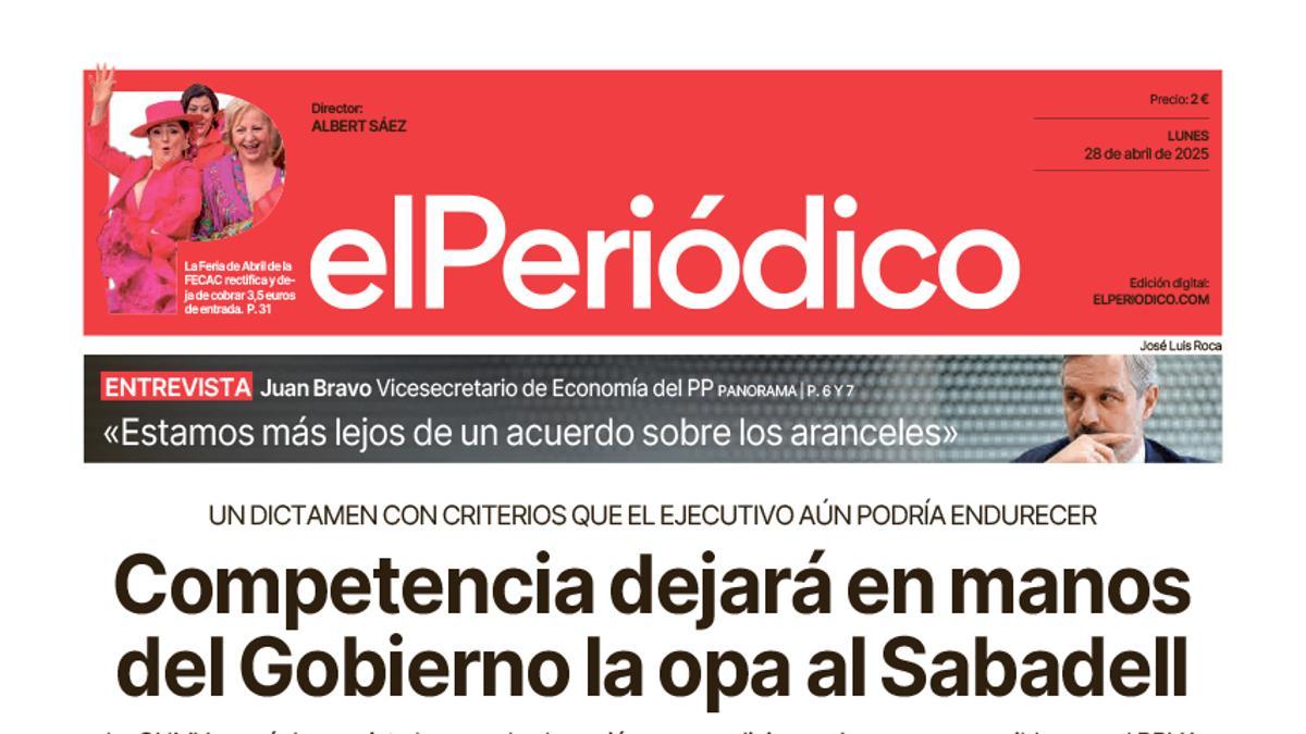 La portada de EL PERIÓDICO del 28 de abril de 2025