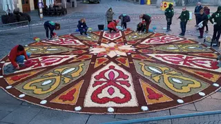 La Semana Santa de Santiago incorpora por primera vez una alfombra floral en la procesión de la Borriquita