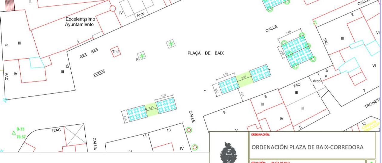 El plano de la ordenanza de terrazas en la Plaça de Baix y la Corredora de Elche