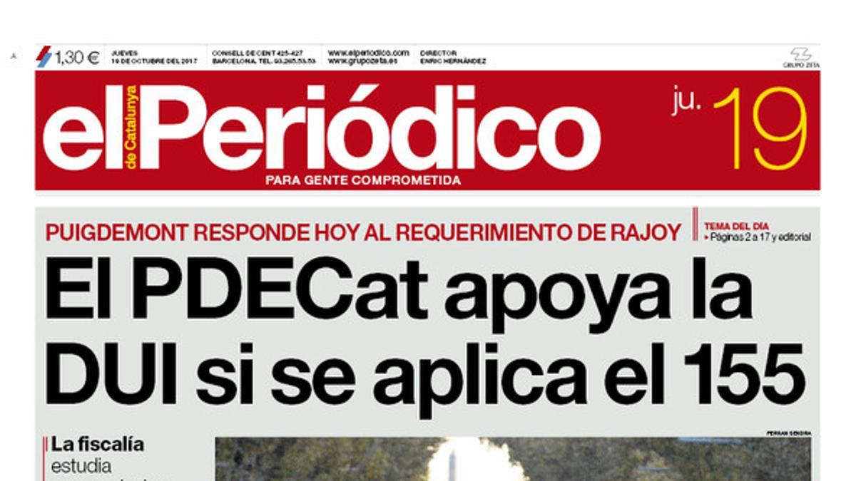 La portada de EL PERIÓDICO del 19 de octubre del 2017.