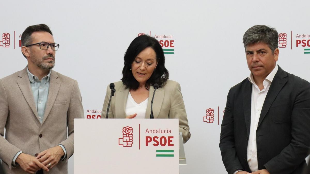 José Antonio Romero, Rafi Crespín y Rafael Llamas, durante la rueda de prensa en la sede del PSOE de Córdoba.