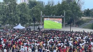 Pantalla de la semifinal entre España y Francia en el parque del Francolí de Tarragona.