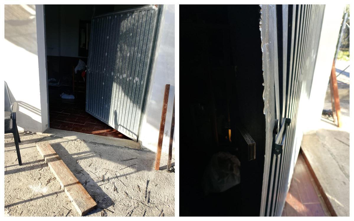 Estado en el que quedó la puerta de la caseta de Bixquert en la que robaron la semana pasada.