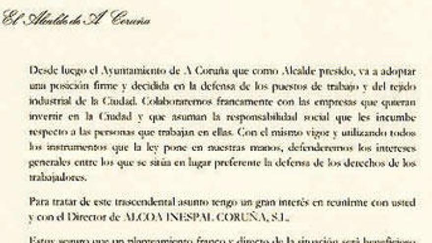 Carta del alcalde de A Coruña a los máximos responsables de Alcoa