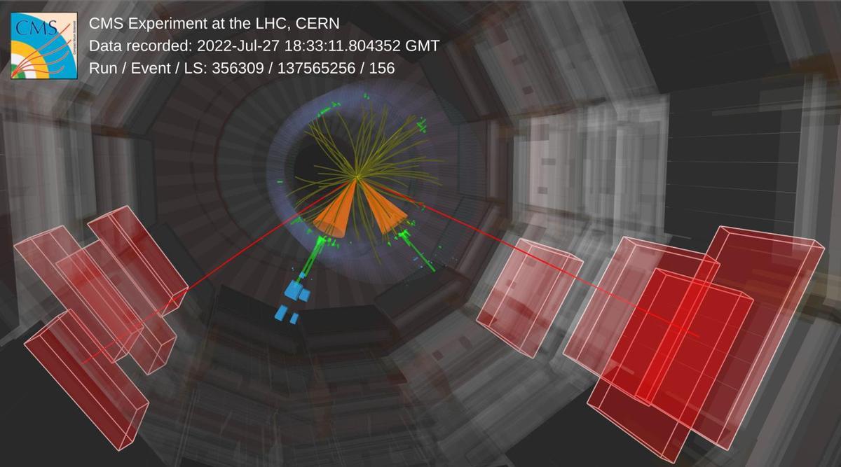 Visualización de eventos por CMS que muestra la desintegración del par de quarks superiores.
