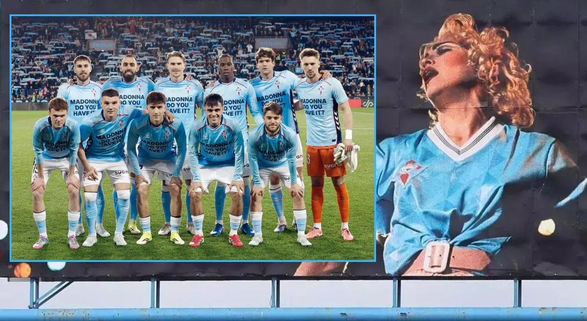 La camiseta con la pregunta a Madonna que lucieron los célticos en su salida al campo en el Celta-Real Madrid del viernes.