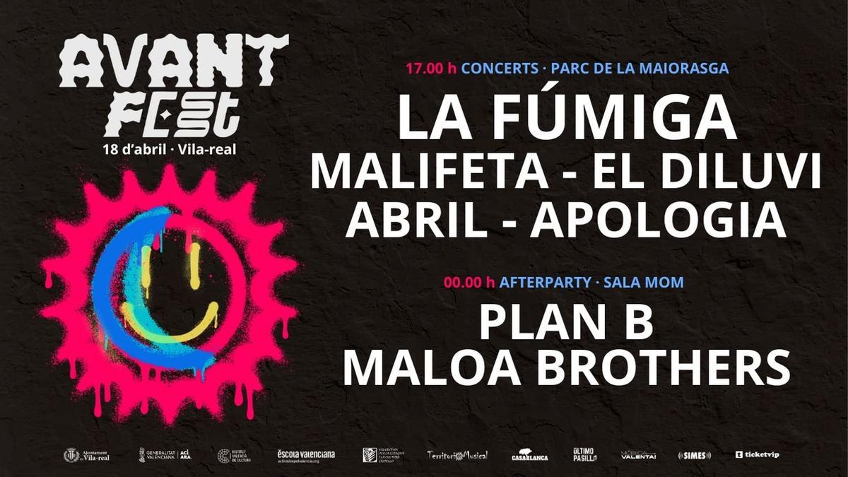 Imatge del cartell de l'Avant Fest, el festival programat per al 18 d'abril a Vila-real, amb la participació de la Fúmiga, Malifeta, El Diluvi, Abril, Apologia, Plan B i Maloa Brothers.