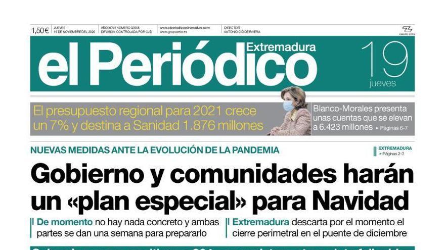 Esta es la portada de EL PERIÓDICO EXTREMADURA correspondiente al día 19 de noviembre del 2020