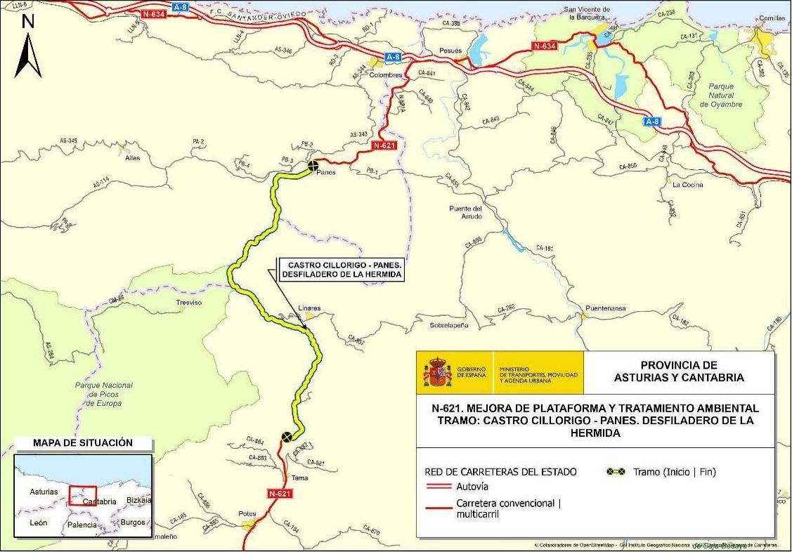 El tramo sobre el que se actuará, entre Panes y Castro Cillorigo.