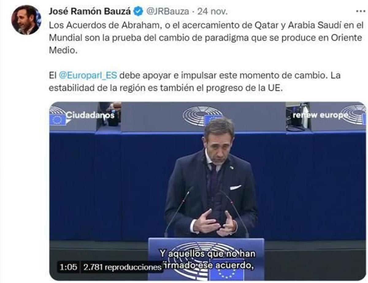 En la imagen un tuit con su intervención en la Eurocámara defendiendo la apertura de Qatar.