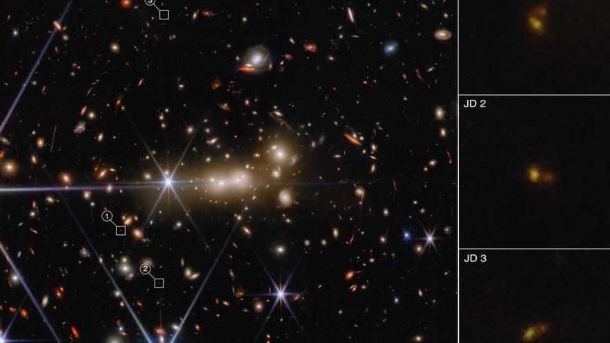 La gravedad masiva del cúmulo de galaxias MACS0647 actúa como una lente cósmica para doblar y ampliar la luz del sistema MACS0647-JD más distante.