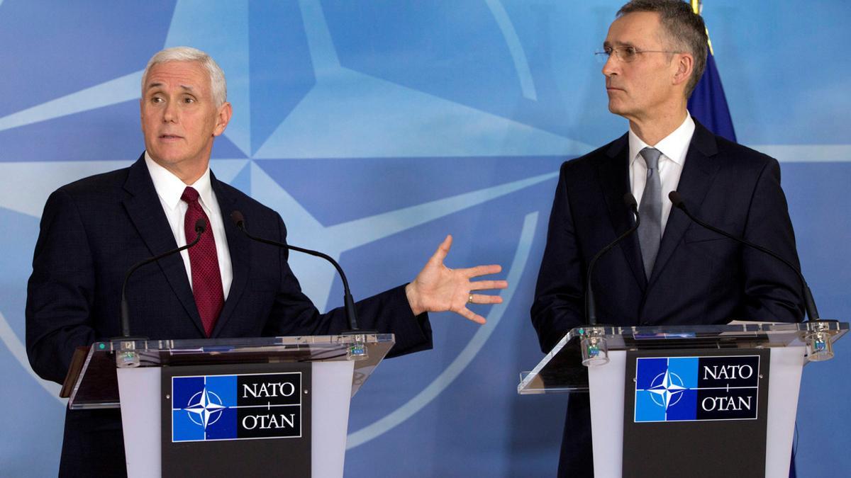 U.S. Vice President Pence and NATO Secretary-General Stoltenberg hold a joint news conference at the Alliance headquarters in Brussels