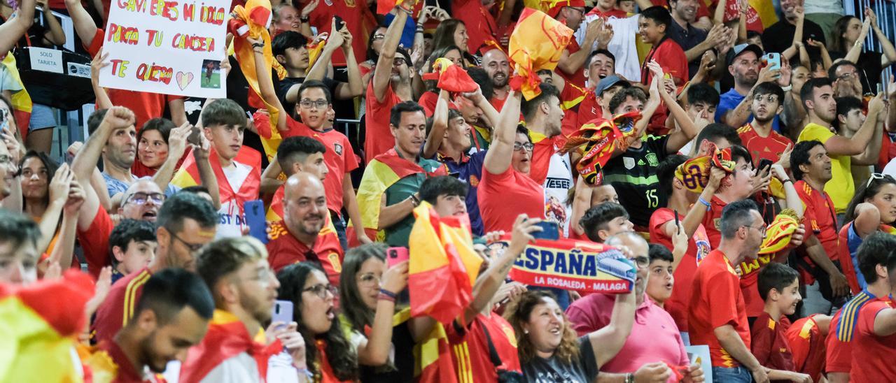 La grada de La Rosaleda durante el partido de España.