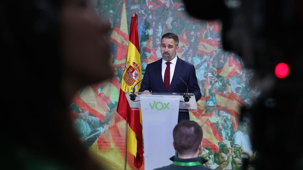 El líder de Vox, Santiago Abascal, durante una rueda de prensa en la sede del partido de Madrid