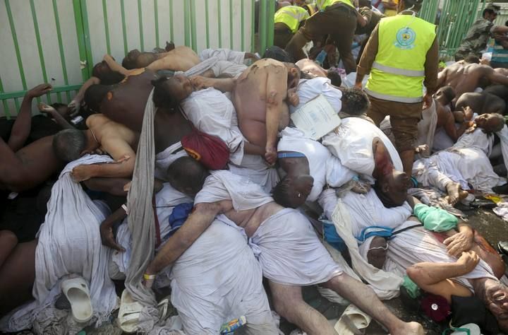 Bodies of Muslim pilgrims are seen after a stampede at Mina, outside the holy Muslim city of Mecca