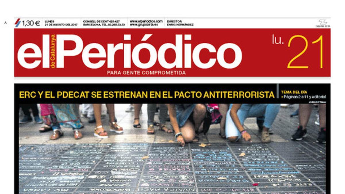 La portada de EL PERIÓDICO del 21 de agosto del 2017