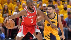 SALT LAKE CITY, UT - MAY 06: Chris Paul #3 of the Houston Rockets controls the ball in front of Raul Neto #25 of the Utah Jazz in the first half during Game Four of Round Two of the 2018 NBA Playoffs at Vivint Smart Home Arena on May 6, 2018 in Salt Lake City, Utah. NOTE TO USER: User expressly acknowledges and agrees that, by downloading and or using this photograph, User is consenting to the terms and conditions of the Getty Images License Agreement.   Gene Sweeney Jr./Getty Images/AFP