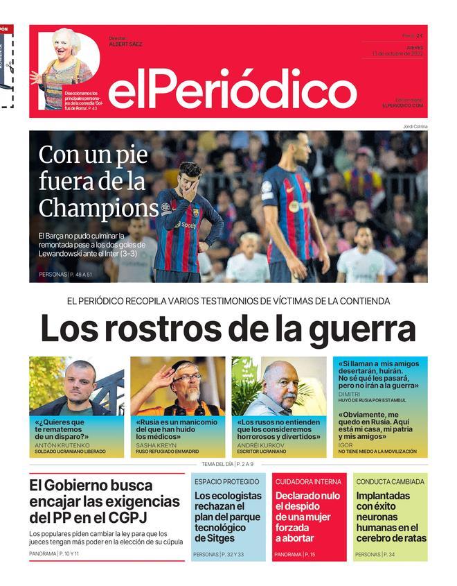La portada d’EL PERIÓDICO del 13 d’octubre del 2022