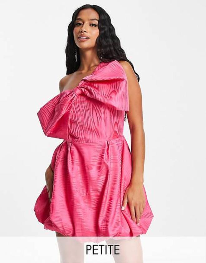 Vestido corto rosa luminoso con detalle de lazo de tafetán de River Island Petite