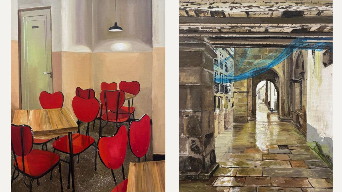 Dos de las pinturas al óleo de la artista Lara Pintos: interior del Bar El Muelle y arcos de la rúa Nova