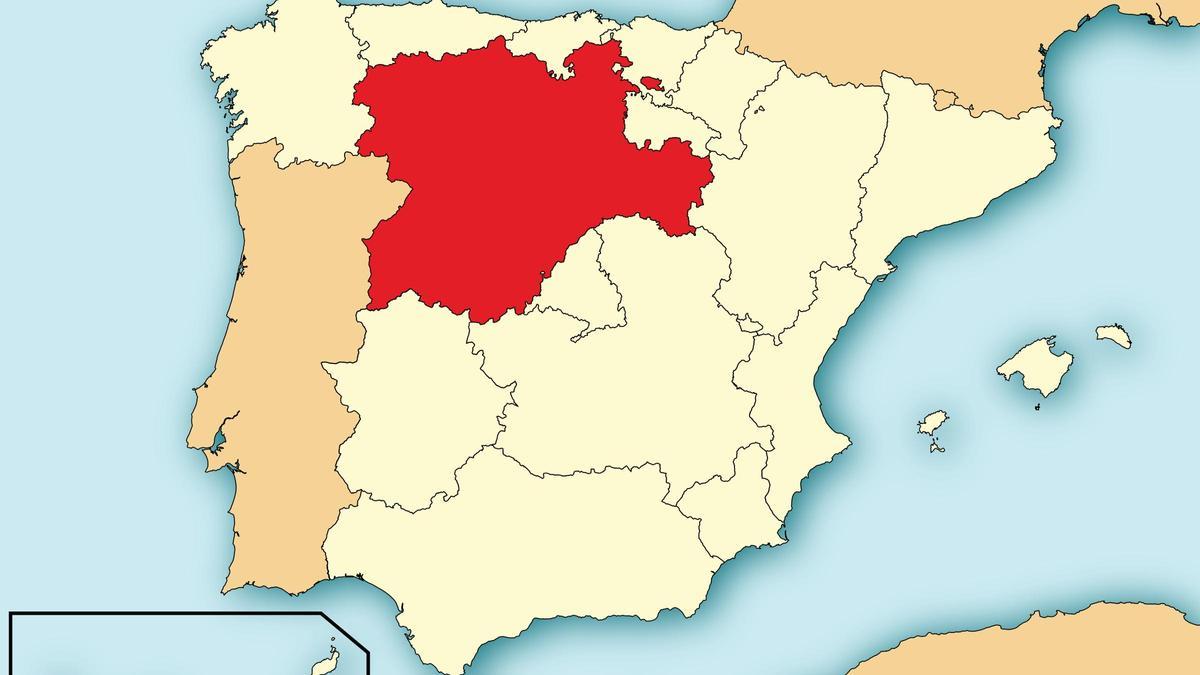 Mapa de España y, en rojo, la región de Castilla y León.