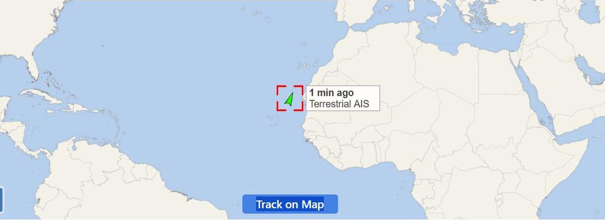 Trayectoria del 'MV Hondius' sobre las 9 horas de este viernes, 8 de mayo, entre Cabo Verde y Canarias