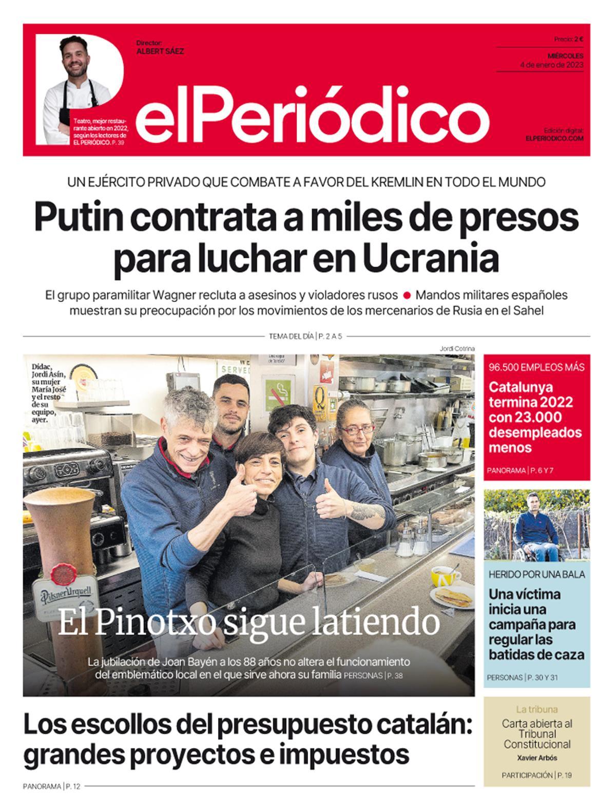 La portada d’EL PERIÓDICO del 4 de gener del 2023