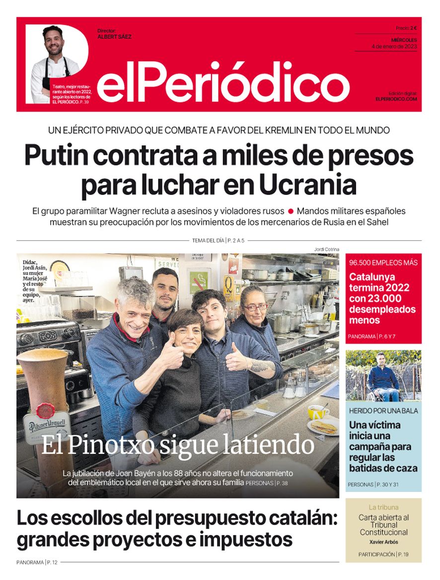 La portada de EL PERIÓDICO del 4 de enero de 2023 El Periódico