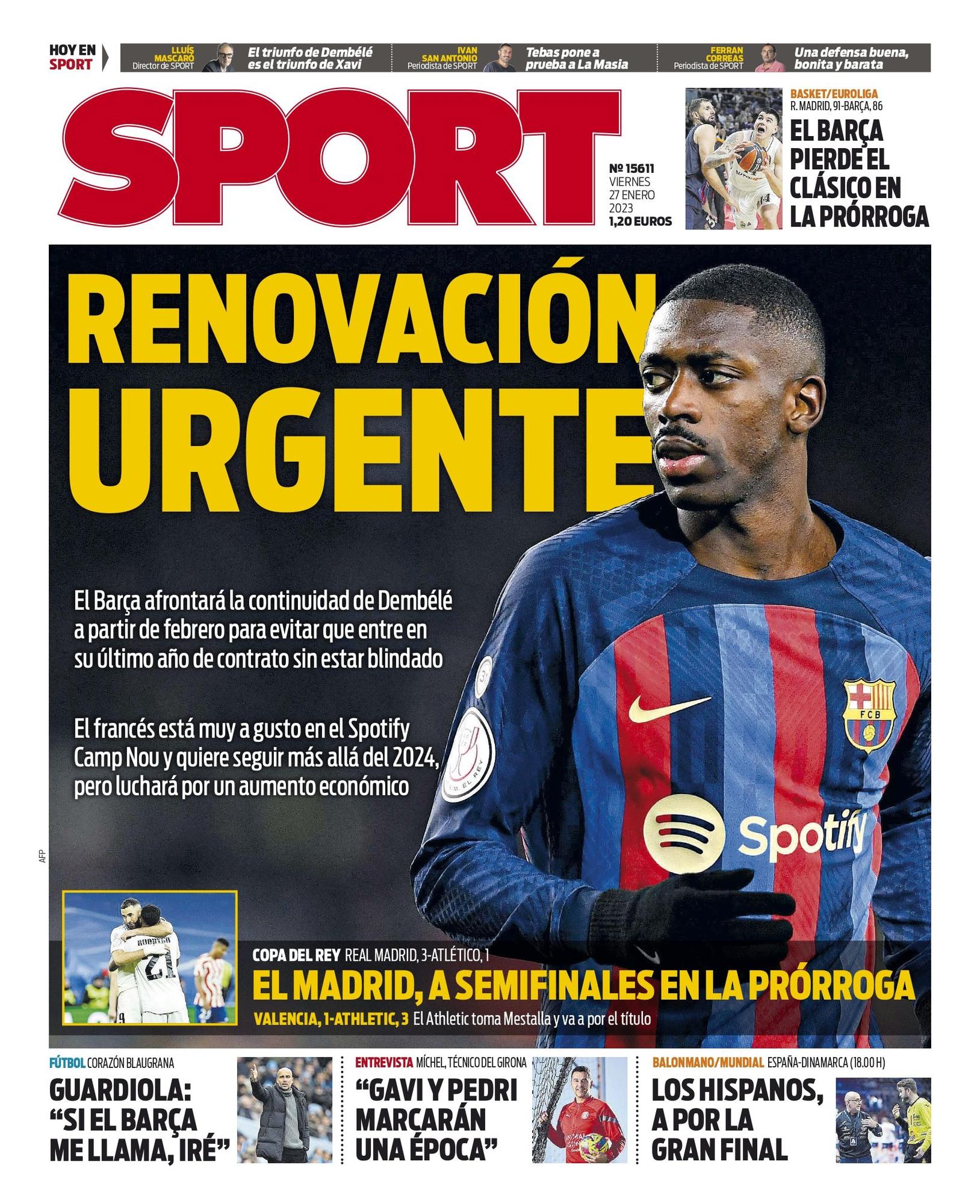 Esta es la portada SPORT, hoy viernes 27 de enero de 2023