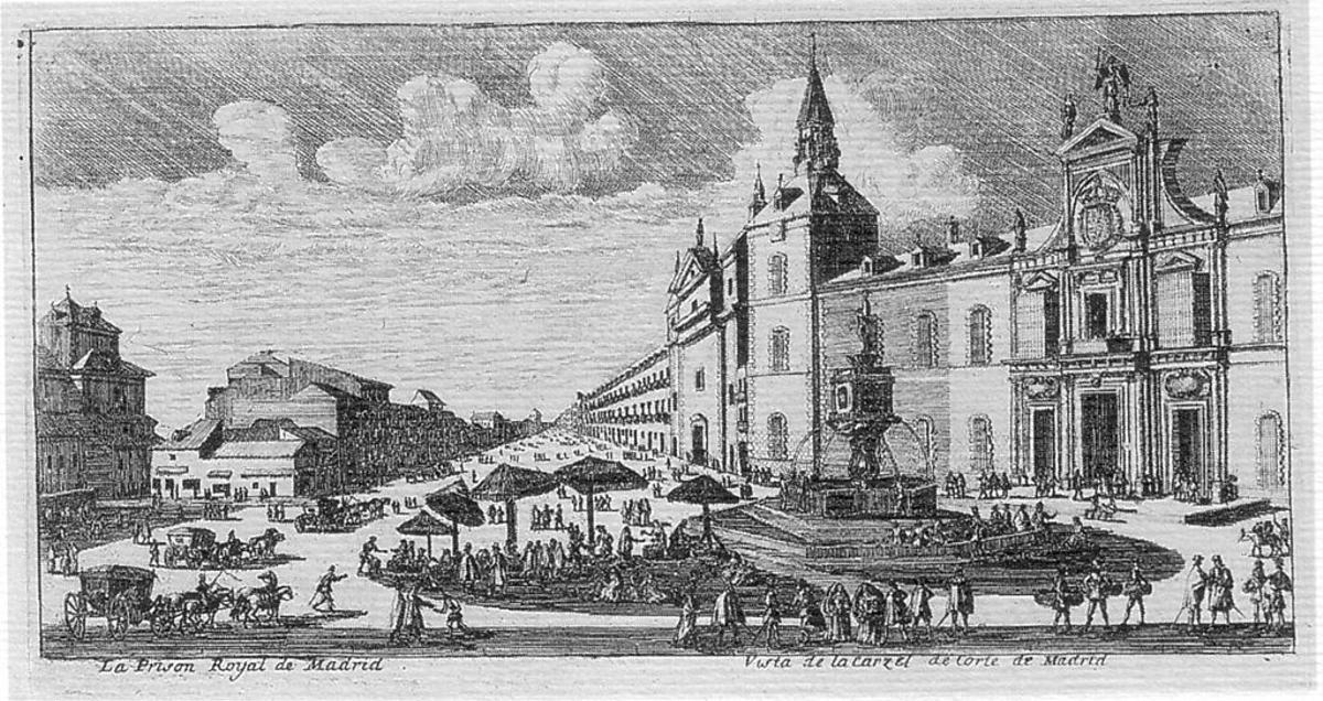 Grabado de la Plaza de la Provincia con la fachada de la Real Cárcel de Corte y la fuente de Orfeo