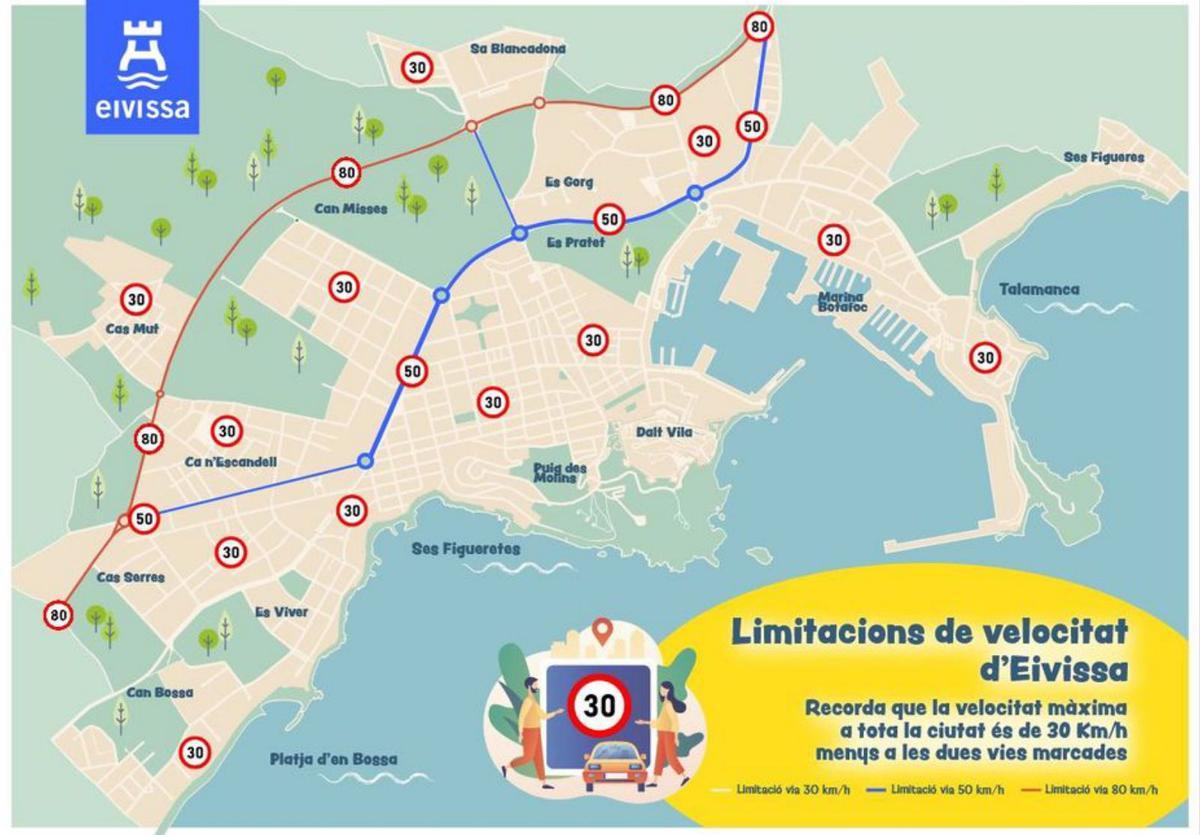 Mapa de la limitación de velocidad de Eivissa.