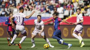 Arthur Melo, Yangel Herrera i Miguel Gutiérrez pressionen Lamine Yamal, diumenge al Lluís Companys