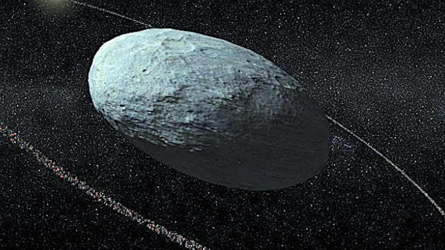 Recreación del planeta enano Haumea y su anillo de hielo y roca.